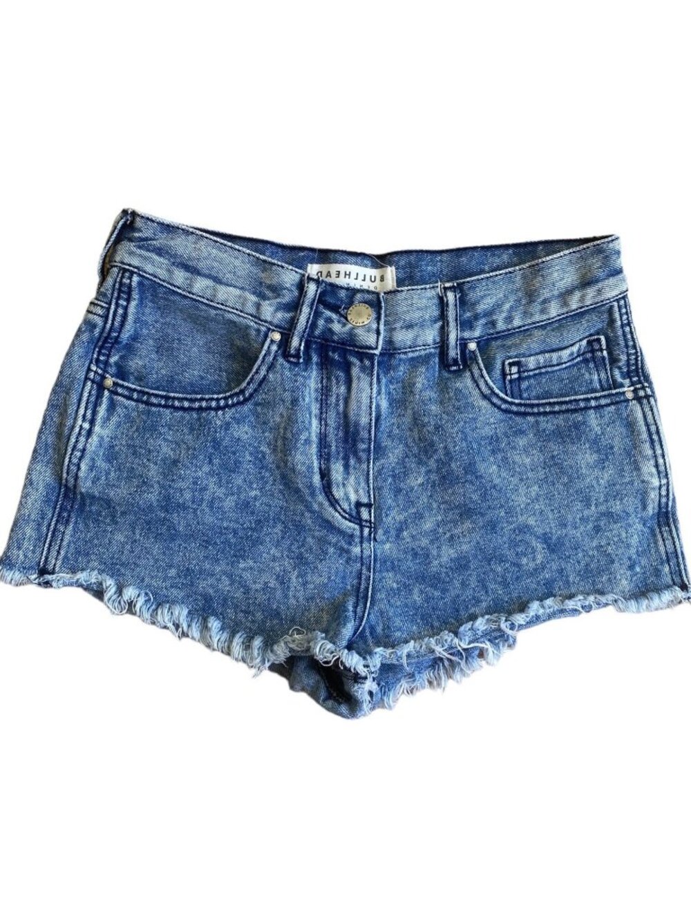Bullhead High Rise Jean Shorts 26 Acid Wash Frayed Festival Coastal Cowgirl 90s